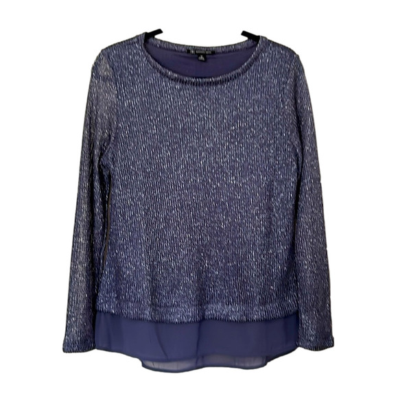 Metallic Blue Silver Knit Crewneck Sweater Medium Dressy Layered Hem - Picture 1 of 8